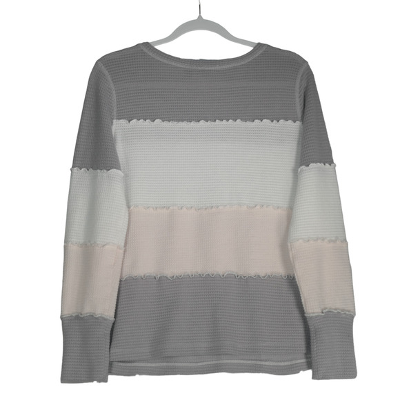Doe & Rae Sweater Women Large Gray Pink Colorblock Waffle Knit Ruffle Cozy - Picture 4 of 8